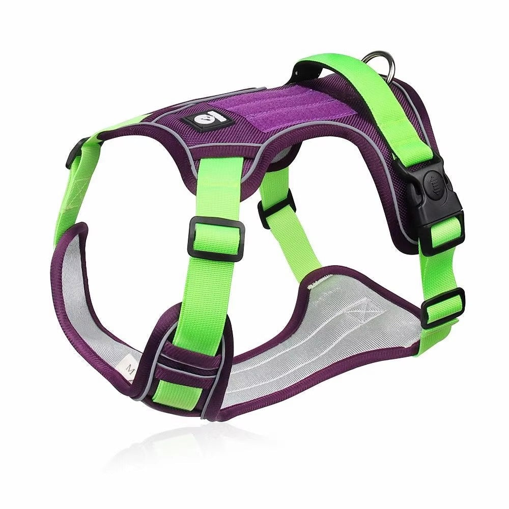 Adjustable purple and green reflective army dog harness vest designed for large dogs with durable straps and secure buckle closure.