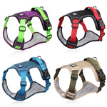 Load image into Gallery viewer, Four adjustable reflective army dog harnesses in purple, red, blue, and tan for large dogs displayed on white background
