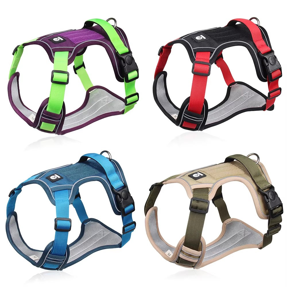 Four adjustable reflective army dog harnesses in purple, red, blue, and tan for large dogs displayed on white background
