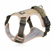 Reflective Army Dog Harness in khaki with adjustable straps and Oxford fabric, ideal for large dogs during walks and training.