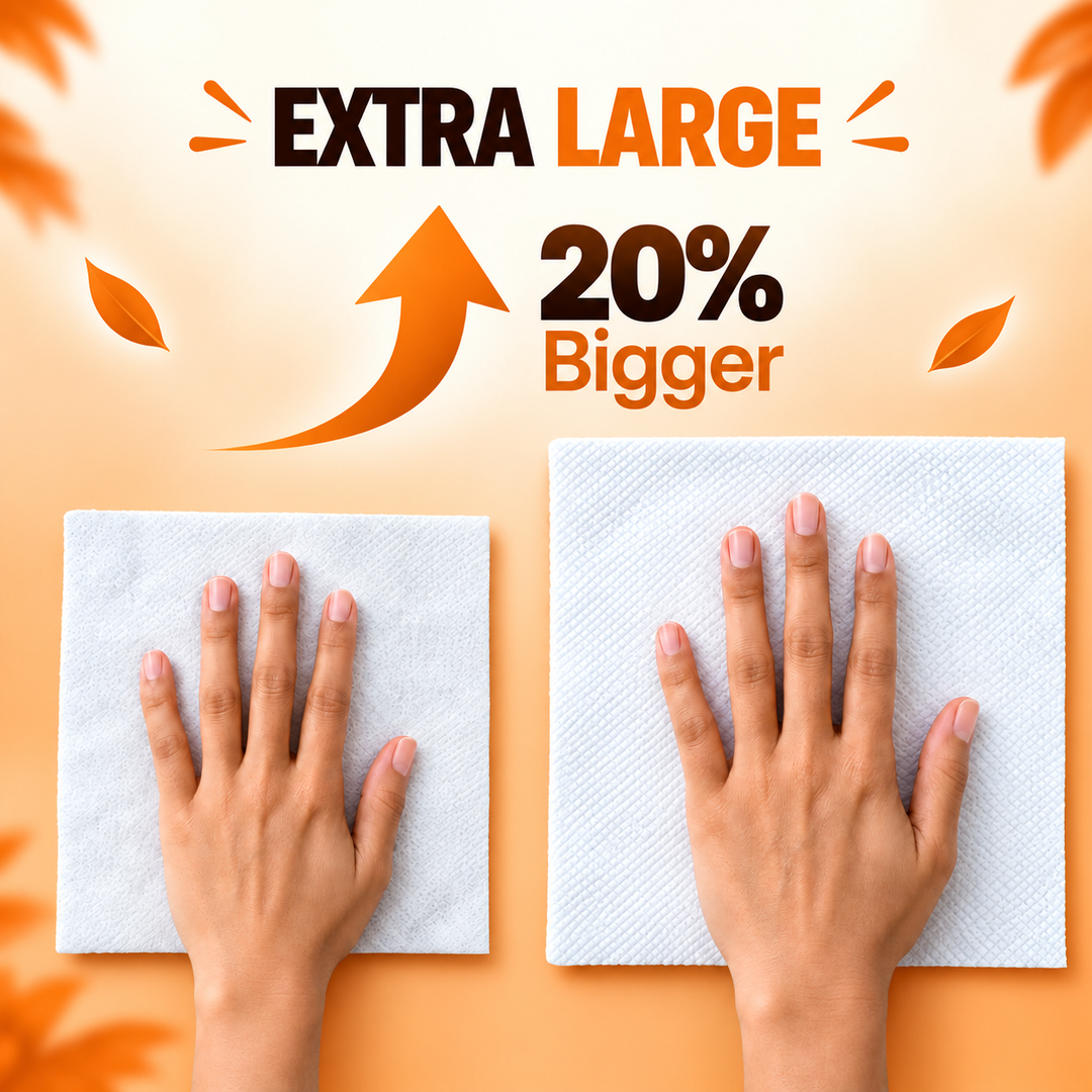 Extra large, thick pet wipe next to a hand showing size