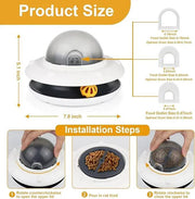 Product size and installation guide for the Flying Saucer Pet Slow Feeder, showing adjustable food outlet sizes and easy setup steps.
