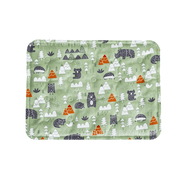 Green cooling dog mat with ice gel filling featuring forest animals and mountain patterns for summer pet comfort