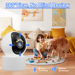 Load image into Gallery viewer, Indoor WiFi pet camera with 360-degree view, motion detection, and night vision monitoring a child and dog in living room.
