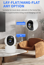 Load image into Gallery viewer, Indoor WiFi pet camera shown mounted on ceiling and placed on table in modern living room setting
