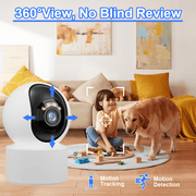 Indoor WiFi pet camera with 360-degree view, motion detection, and night vision monitoring a child and dog in living room.
