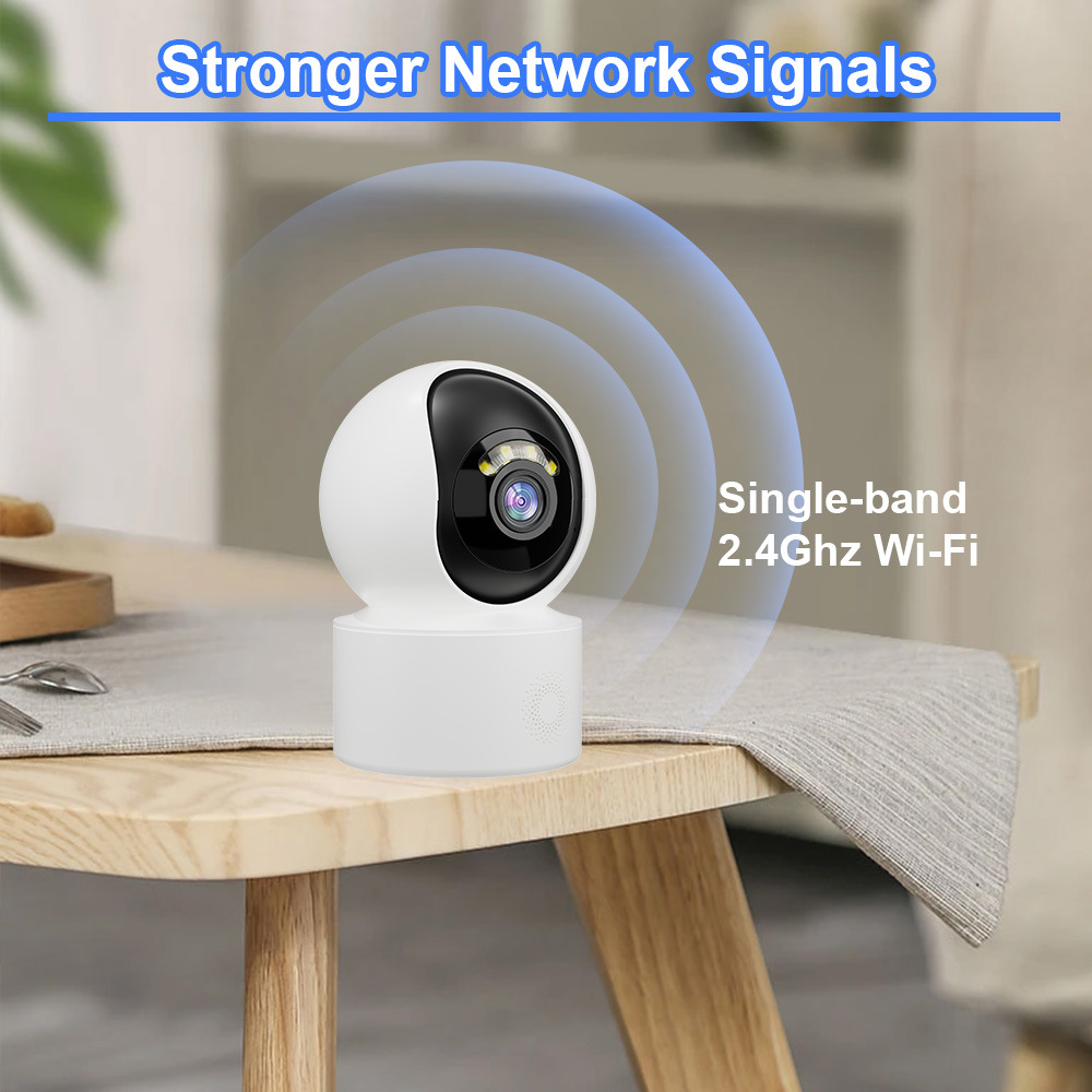 WiFi pet camera on table showing single-band 2.4GHz Wi-Fi for stronger network signals indoors