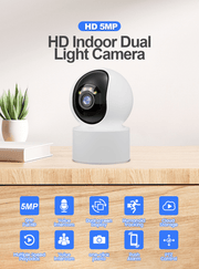 Indoor WiFi pet camera with 5MP HD, night vision, voice intercom, humanoid tracking, and cloud storage features