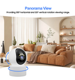 Load image into Gallery viewer, WiFi pet camera showing 355° horizontal and 120° vertical panoramic rotation in a modern living room setting
