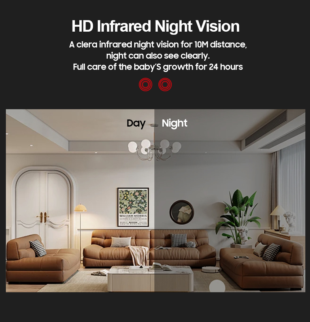 Indoor WiFi pet camera showing clear HD infrared night vision for monitoring pets day and night up to 10 meters distance
