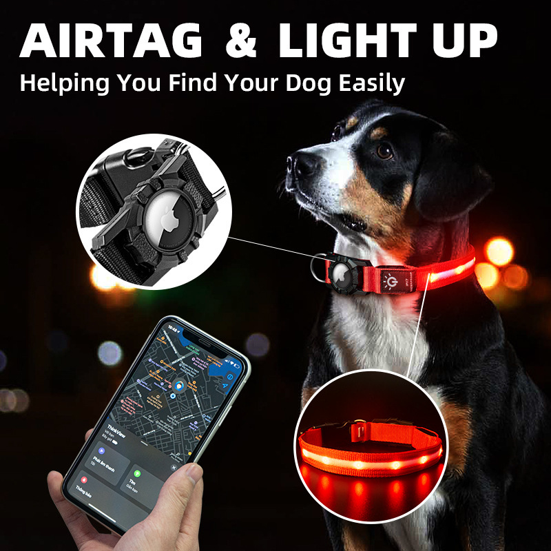 Waterproof glowing pet collar with Airtag holder for easy dog tracking and visibility at night.