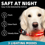 Load image into Gallery viewer, Golden retriever wearing a glowing red Airtag pet collar with three lighting modes for night visibility and safety from vehicles.
