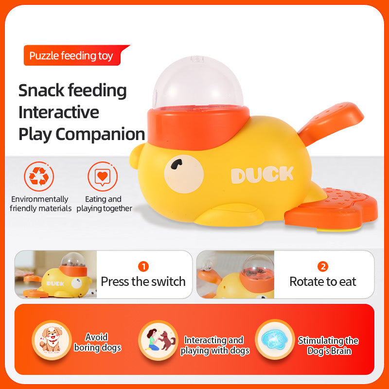 Yellow duck-shaped interactive dog puzzle feeder slow feeder toy with treat dispenser and tail switch