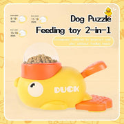 Interactive yellow duck-shaped dog puzzle feeder with adjustable treat dispenser and slow feeder toy design