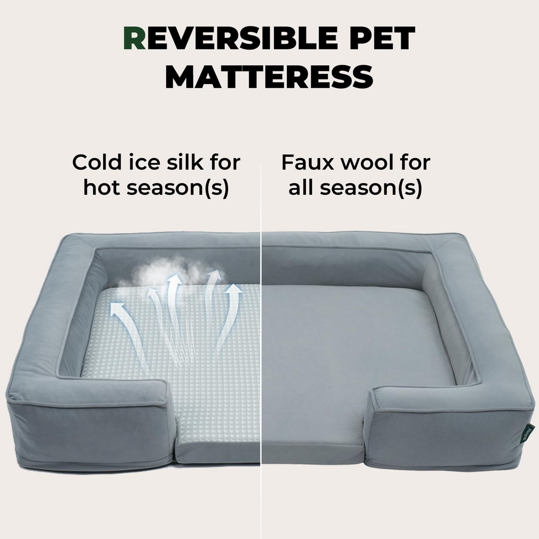 Reversible orthopedic dog bed with cold ice silk for summer and faux wool for all-season comfort and support