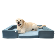 Orthopedic medium dog bed with removable, washable cover and cooling surface, shown with a Labrador lying comfortably on it.