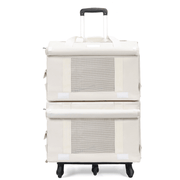 Beige double-decker pet carrier trolley backpack with mesh ventilation panels and four wheels for two cats