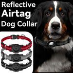 Load image into Gallery viewer, Large dog wearing a reflective Airtag collar with a black smart tracker case and three color options displayed.
