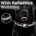 Load image into Gallery viewer, Black dog wearing a reflective Airtag dog collar with smart tracker case and glowing reflective webbing at night
