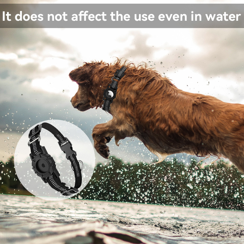 Golden retriever wearing reflective Airtag dog collar jumping in water with waterproof smart tracker case visible.