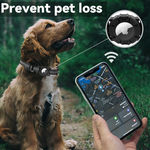 Load image into Gallery viewer, Golden retriever wearing a reflective Airtag dog collar with a pet tracking app displayed on a smartphone screen.
