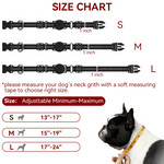 Load image into Gallery viewer, Size chart for reflective Airtag dog collar showing small, medium, and large adjustable neck sizes with a dog being measured.

