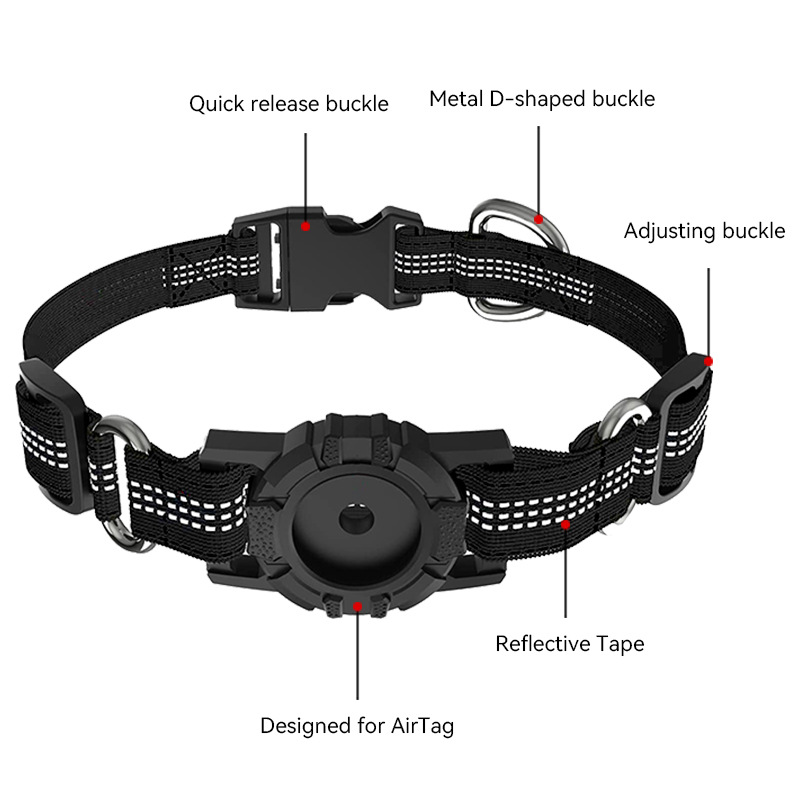 Reflective black dog collar with quick release buckle, metal D-ring, adjustable strap, and AirTag tracker case with reflective tape