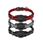 Load image into Gallery viewer, Three reflective dog collars in red, gray, and black with Airtag tracker cases for pet safety.

