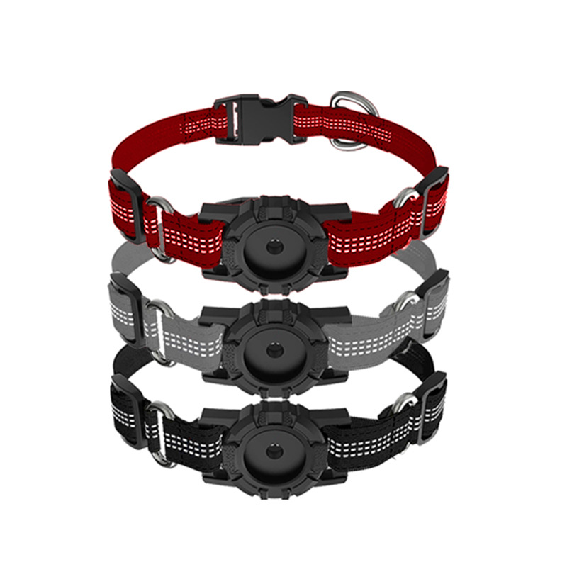 Three reflective dog collars in red, gray, and black with Airtag tracker cases for pet safety.