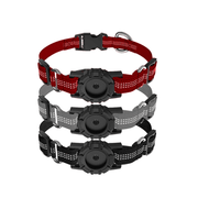 Three reflective dog collars in red, gray, and black with Airtag tracker cases for pet safety.