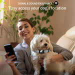 Load image into Gallery viewer, Woman using phone with small white dog wearing reflective Airtag tracker collar at home
