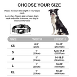 Load image into Gallery viewer, Size chart for reflective Airtag dog collar with width and length measurements for XS to XL sizes shown with a sitting dog image.
