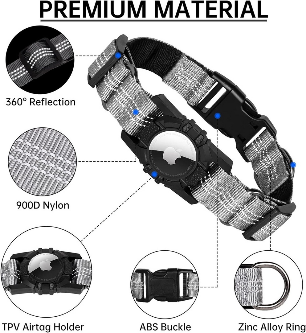 Reflective dog collar with Airtag holder, 360-degree reflection, durable 900D nylon, ABS buckle, and zinc alloy ring for pet tracking