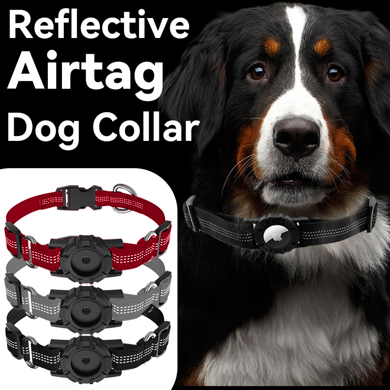 Large dog wearing a reflective Airtag collar with a black smart tracker case and three color options displayed.