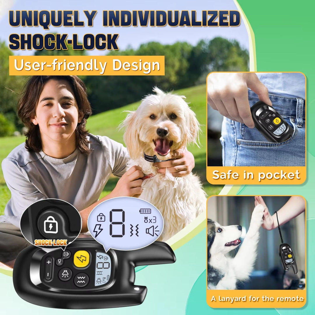 Remote dog training collar with shock-lock, user-friendly remote, pocket-safe design, and lanyard for easy control.