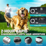 Load image into Gallery viewer, Golden retriever wearing a remote dog training collar running outdoors with charging options shown for the device
