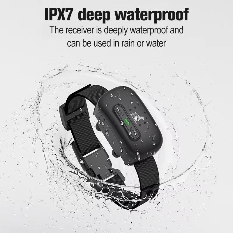 Waterproof remote dog training collar with adjustable strap and IPX7 rating for use in rain or water conditions