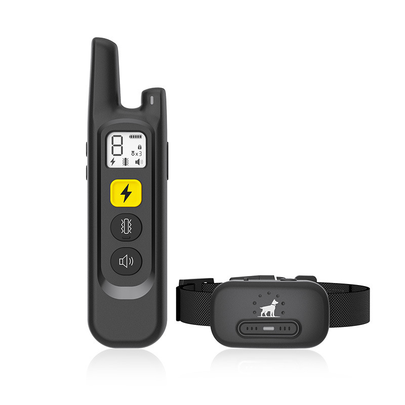 Remote dog training collar with handheld remote for anti-bark and shock correction, adjustable levels and vibration mode.