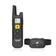 Black remote dog training collar with LCD screen and three control buttons for anti-bark, shock, and sound correction. Ideal for pet obedience training.