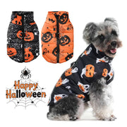 Small dog wearing waterproof Halloween jacket with pumpkin and ghost prints, shown with two additional pumpkin coats.