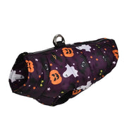 Waterproof and windproof Halloween dog jacket with pumpkin and ghost print for small and medium pets.