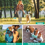 Load image into Gallery viewer, Collage showing six-claw dog pooper scooper used handheld, in a backpack, and hanging on a dog leash outdoors.
