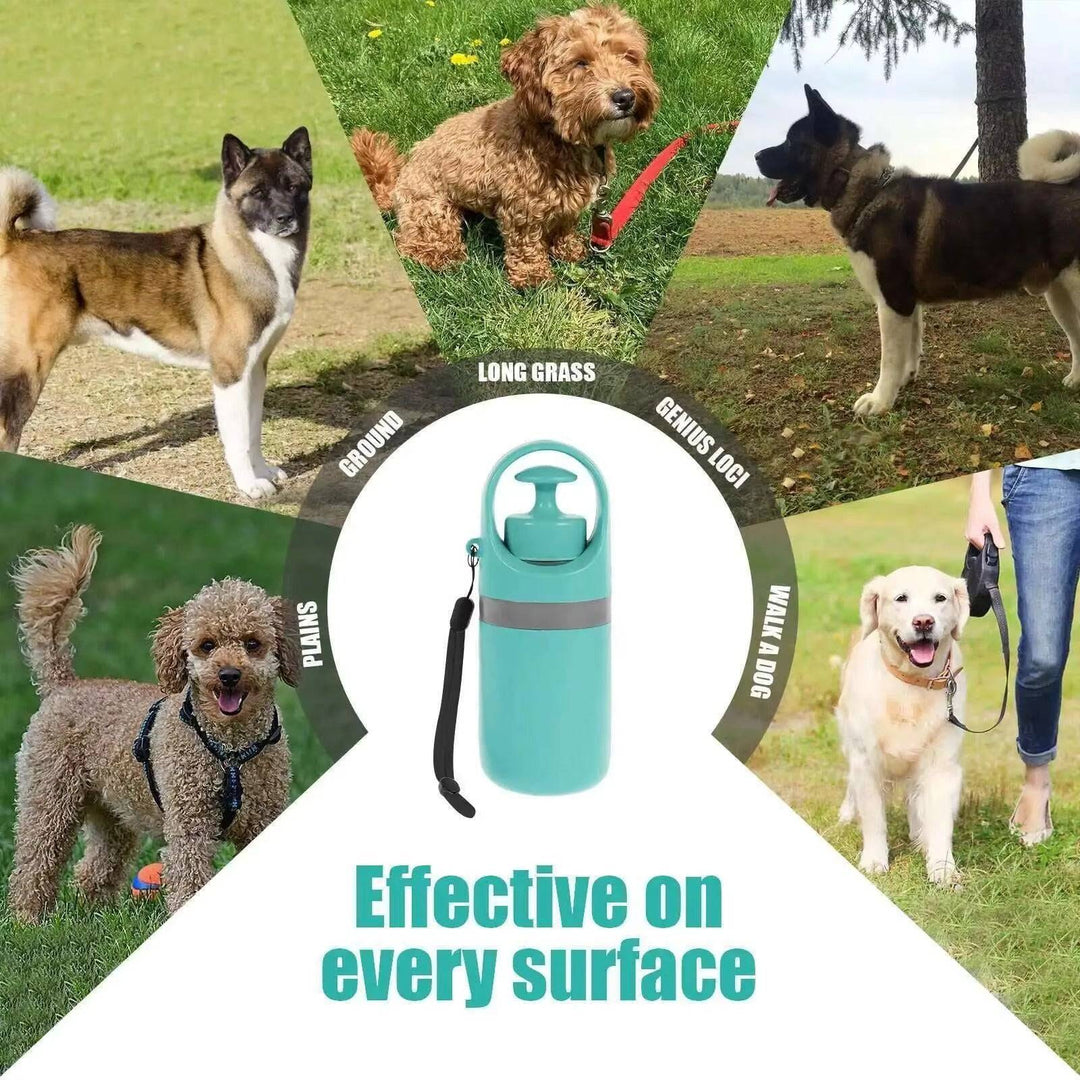 Six-Claw Dog Pooper Scooper in teal, portable and hygienic, effective on various outdoor surfaces with dog images around.
