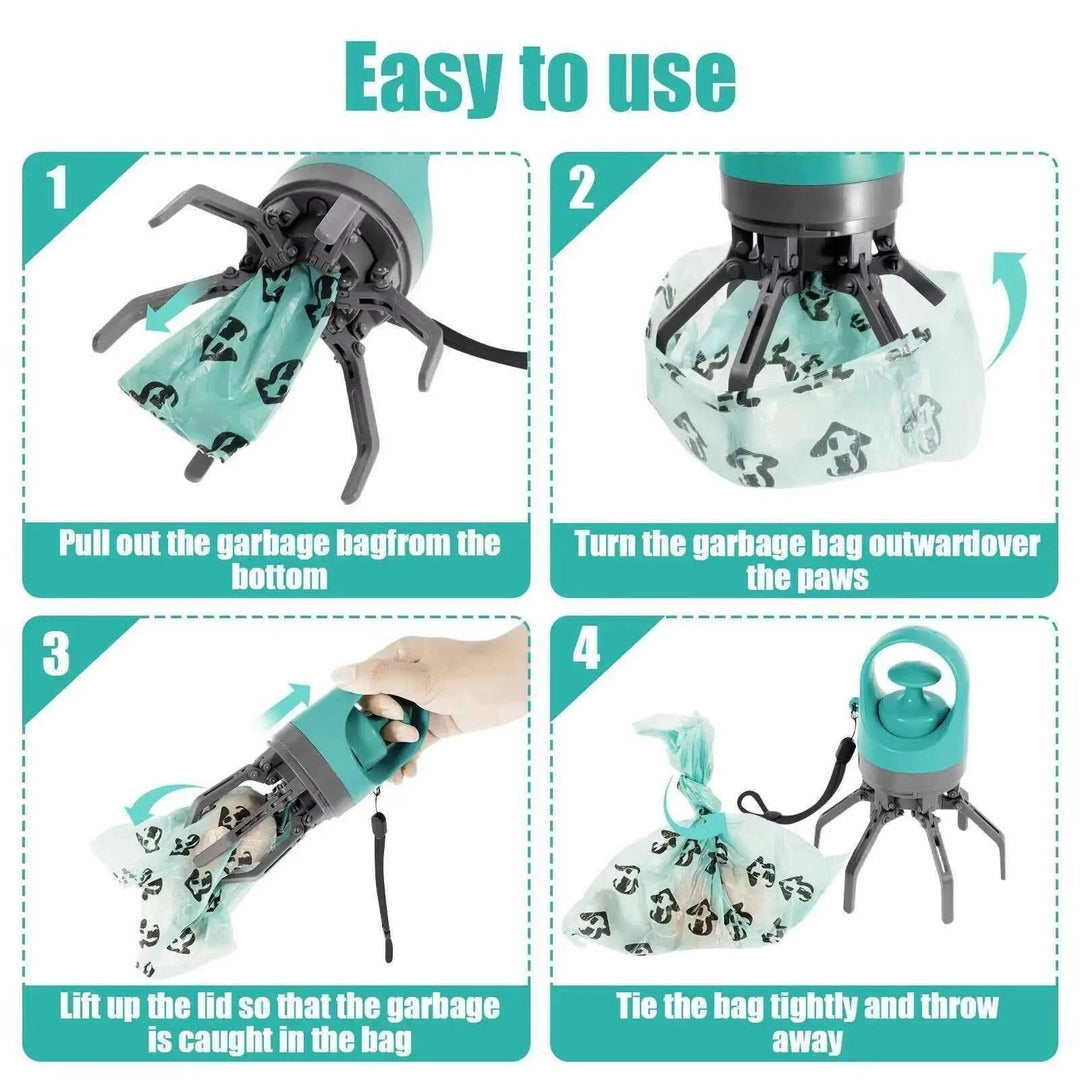 Step-by-step use of six-claw dog pooper scooper showing how to remove and tie waste bag hygienically and easily.