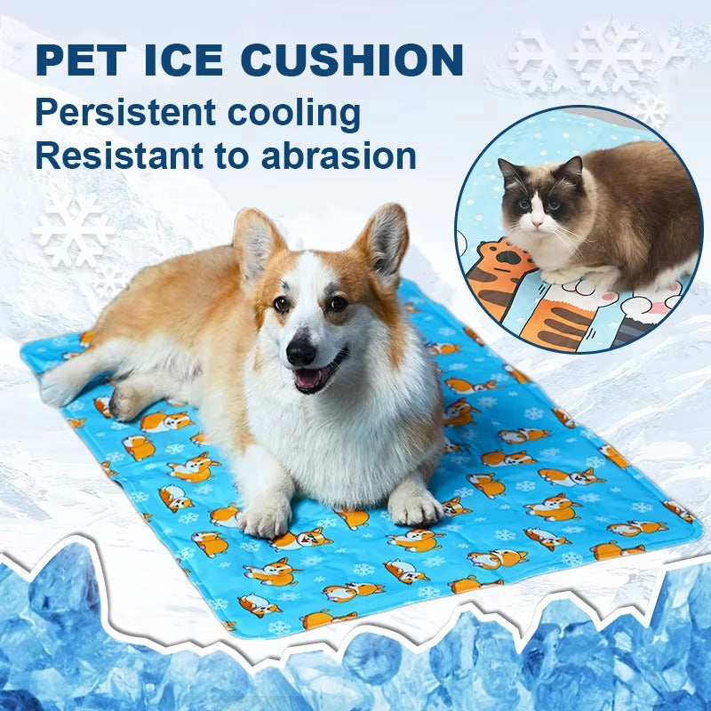 Dog lying on blue cooling gel mat with cartoon pattern, designed for persistent cooling and abrasion resistance.