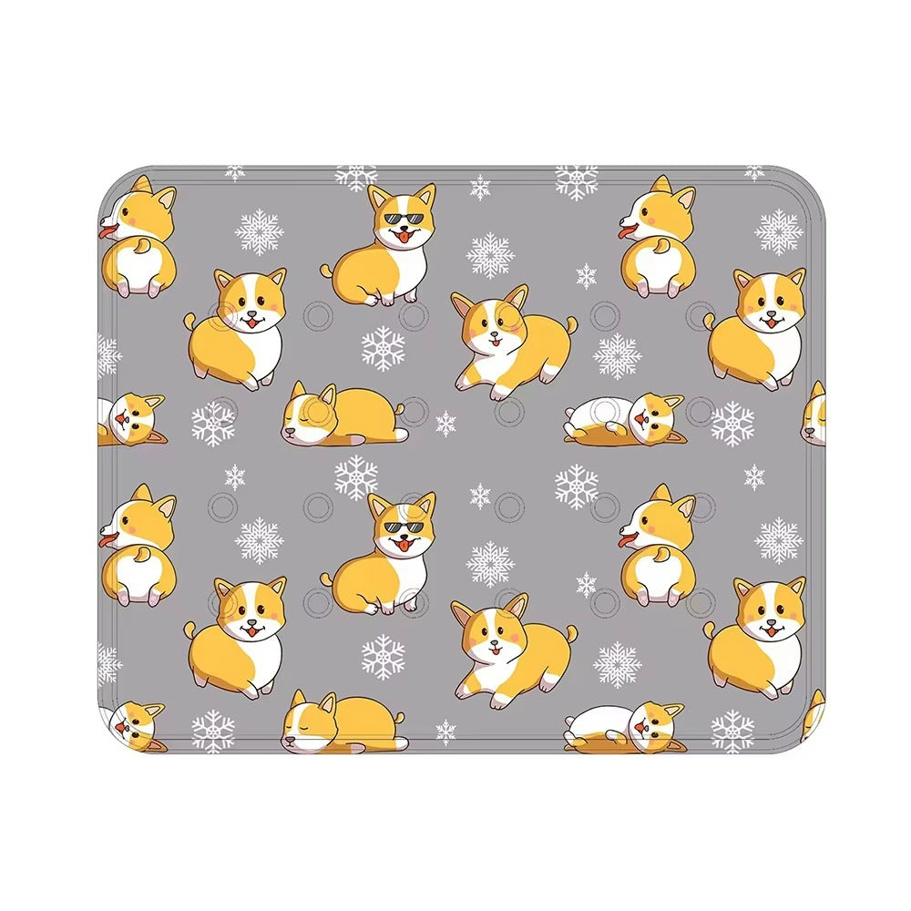 Cooling dog mat with cute corgi dog patterns and snowflakes on a gray ice gel summer pet bed background