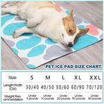 Load image into Gallery viewer, Corgi lying on a colorful cooling dog mat with a size chart for different weight ranges shown below.
