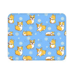Load image into Gallery viewer, Blue cooling dog mat with cartoon corgi dogs and snowflakes pattern for summer pet comfort.
