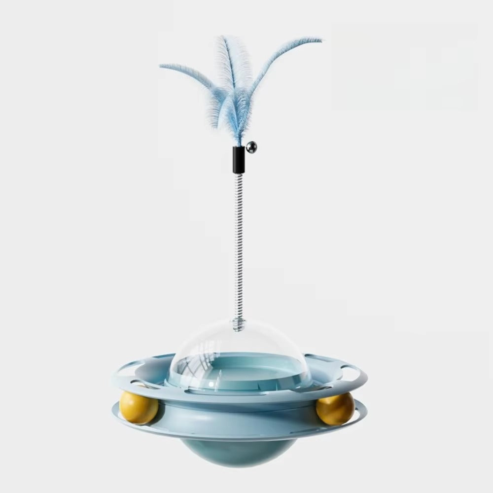 Blue turntable cat toy with feather and balls designed for interactive dental play and entertainment