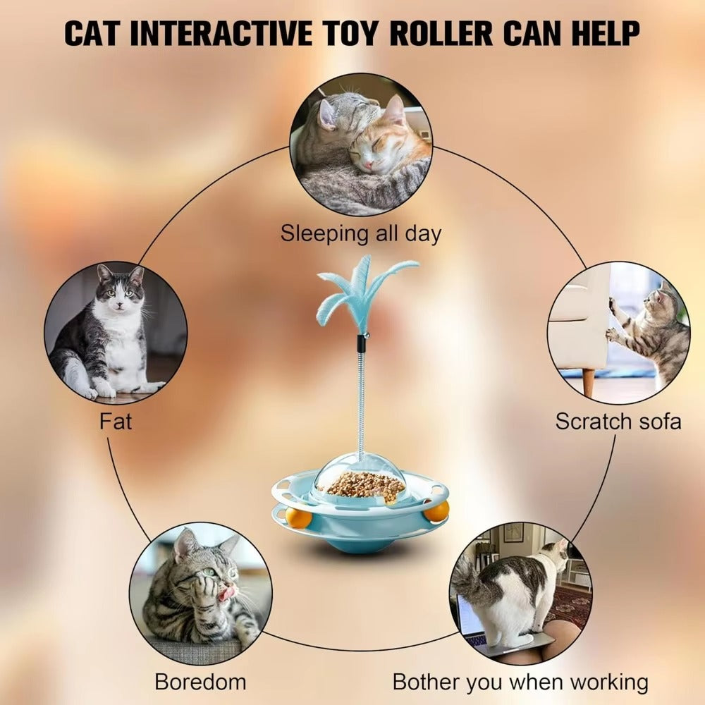 Interactive cat toy roller with turntable feather for dental health and keeping cats active and entertained.